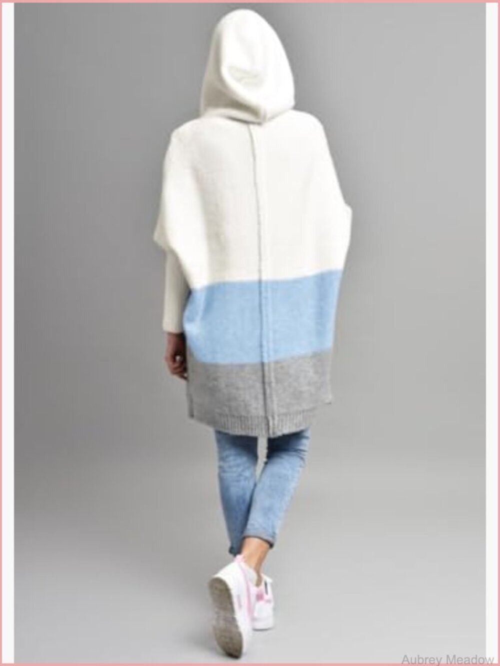 Color Block Hooded Cardigan Open Front Knit Long Coatigan Sweater Loose Fit - Picture 2 of 4